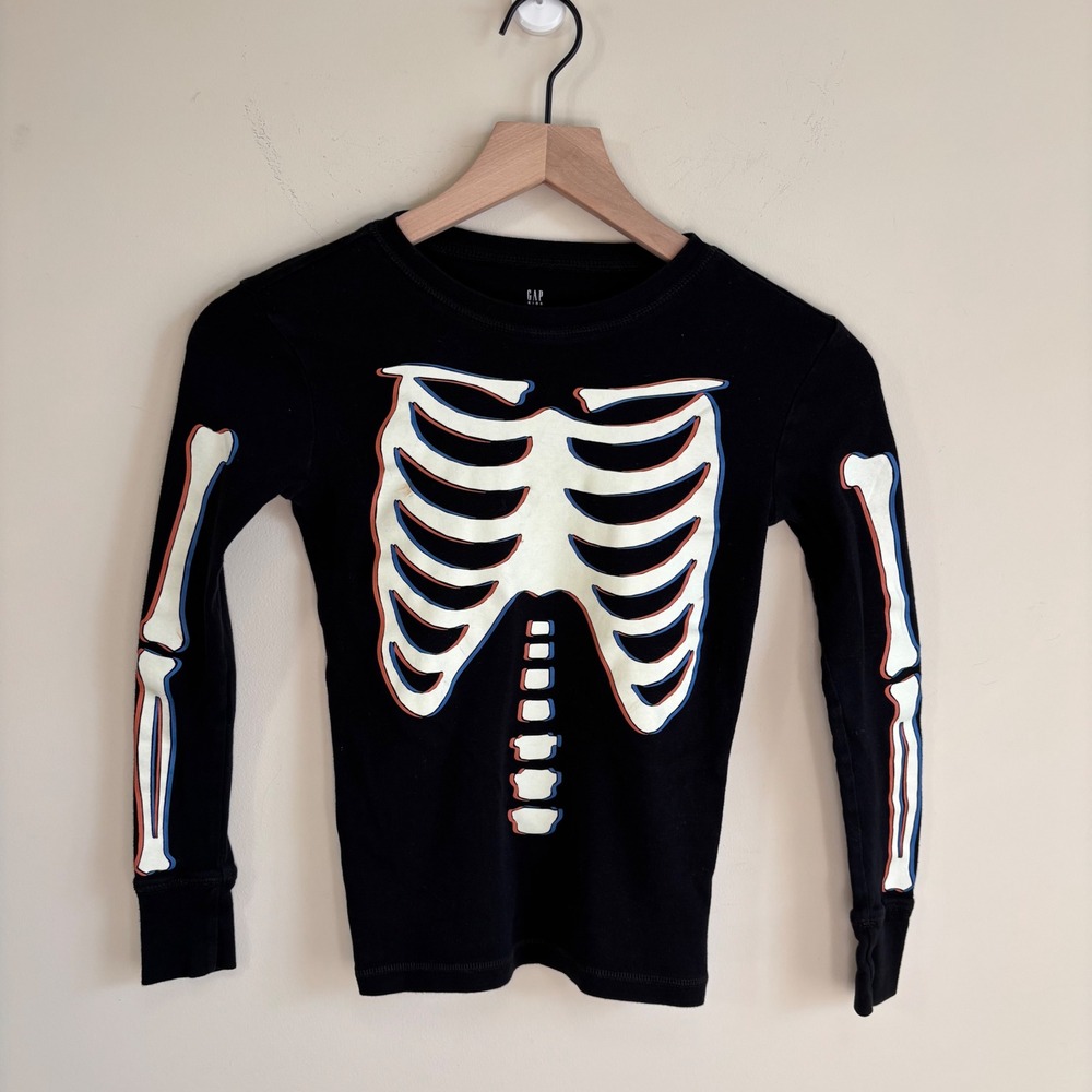 Gap Kids Skeleton Glow in the Dark Long Sleeve Shirt Black Organic Cotton Sz 10